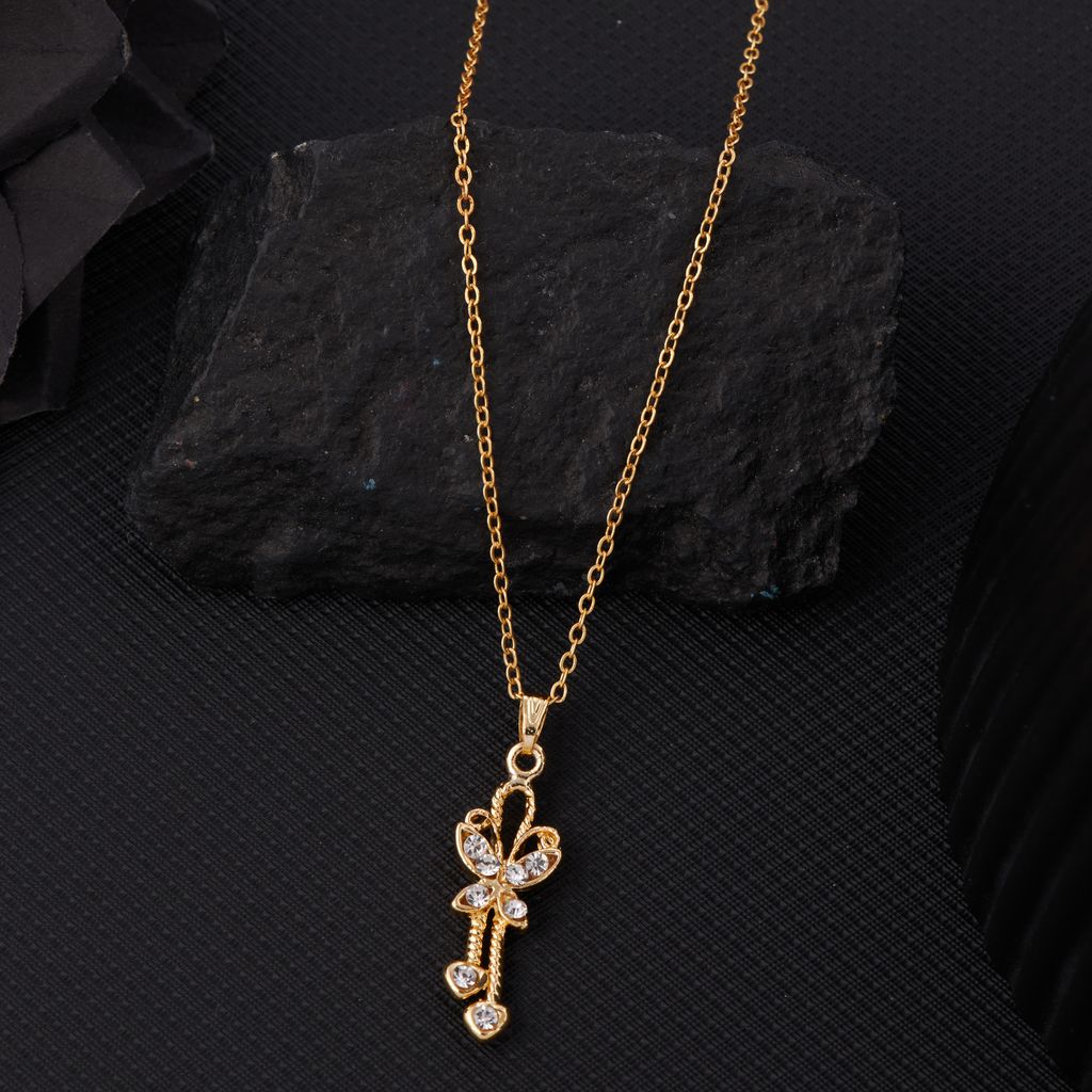Gold Plated Traditional Butterfly Pendant Set With Chain For Women