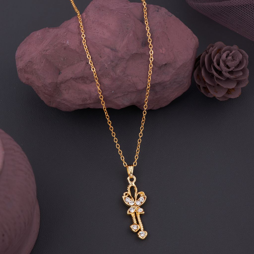 Gold Plated Traditional Butterfly Pendant Set With Chain For Women
