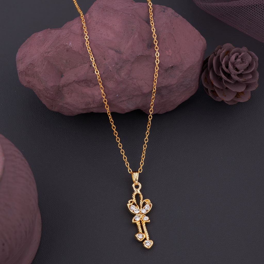 Gold Plated Traditional Butterfly Pendant Set With Chain For Women