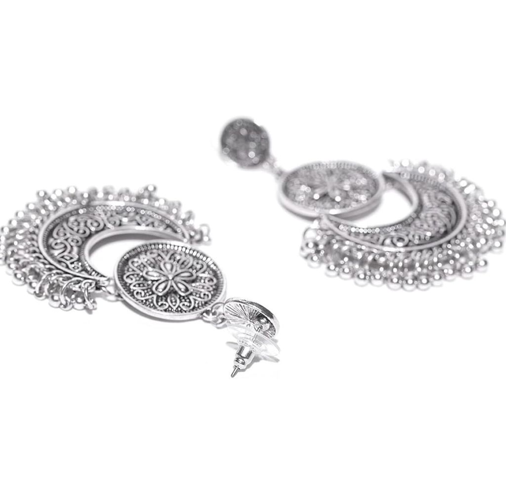 Oxidized silver-plated handcrafted crescent moon shape earrings