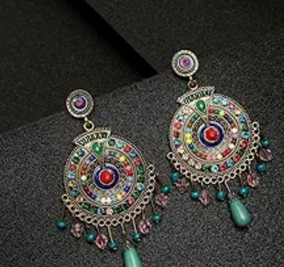 Colorful Beaded Drop Earrings with Antique Gold Accents