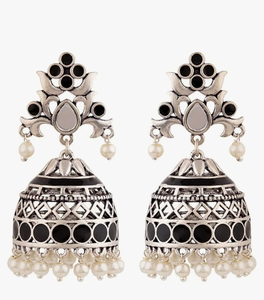 Black Jhumka Earrings with Pearls and Silver Accents