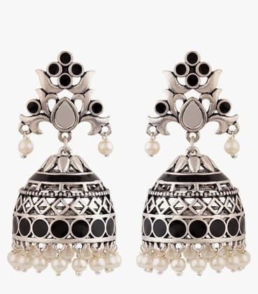  Black Jhumka Earrings with Pearls and Silver Accents