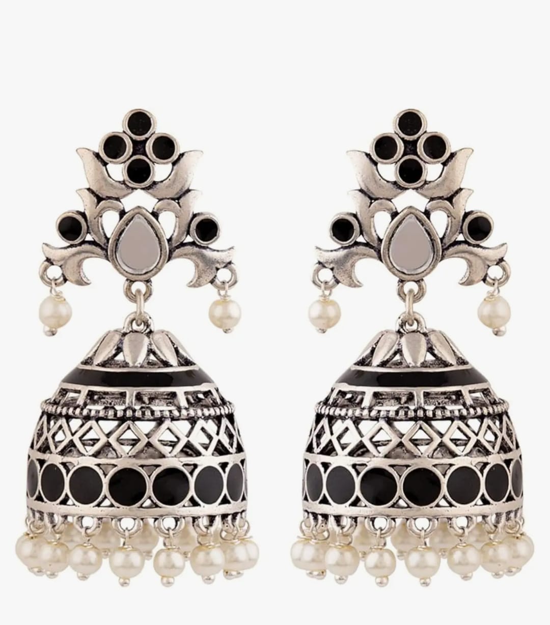 Black Jhumka Earrings with Pearls and Silver Accents