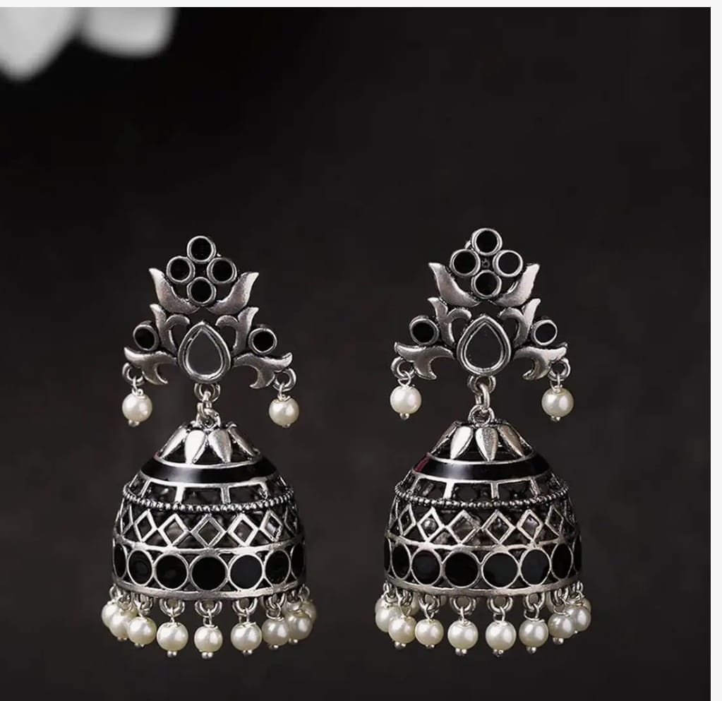 Black Jhumka Earrings with Pearls and Silver Accents