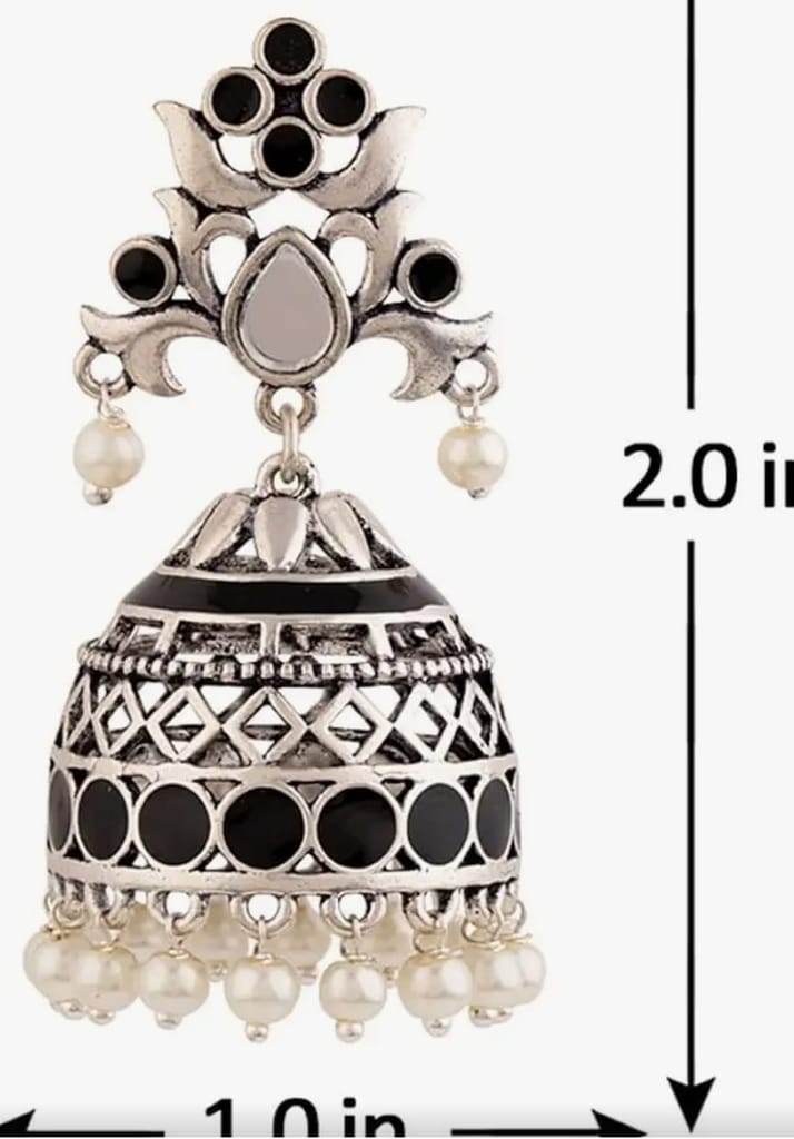 Black Jhumka Earrings with Pearls and Silver Accents