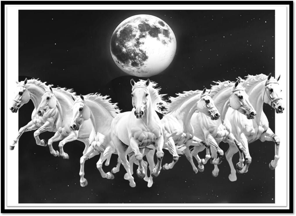 7 Running Horse Painting | Seven running horses painting | Vastu Painting for Home and Office | Seven lucky running horses painting | Unframed Wall Mount Painting | Size: A4