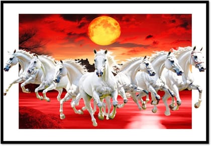 7 Running Horses  Red Sky Vastu Photo | Reflect your personality on your wall | Wall Decoration for Home and Office | Ideal for Anniversaries and Birthdays | Unframed Artwork | Size: A4