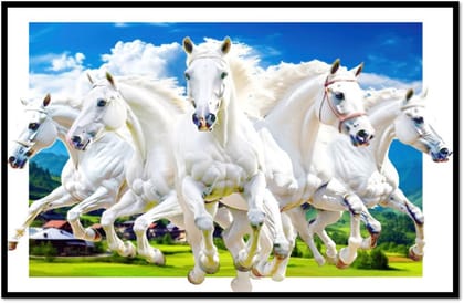 7 Running Horses Blue Sky Vastu Photo | Reflect your personality on your wall | Wall Decoration for Home and Office | Ideal for Anniversaries and Birthdays | Unframed Artwork | Size: A4