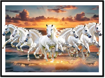 7 Running Horses Sea Sunset Vastu Photo | Reflect your personality on your wall | Wall Decoration for Home and Office | Ideal for Anniversaries and Birthdays | Unframed Artwork | Size: A4