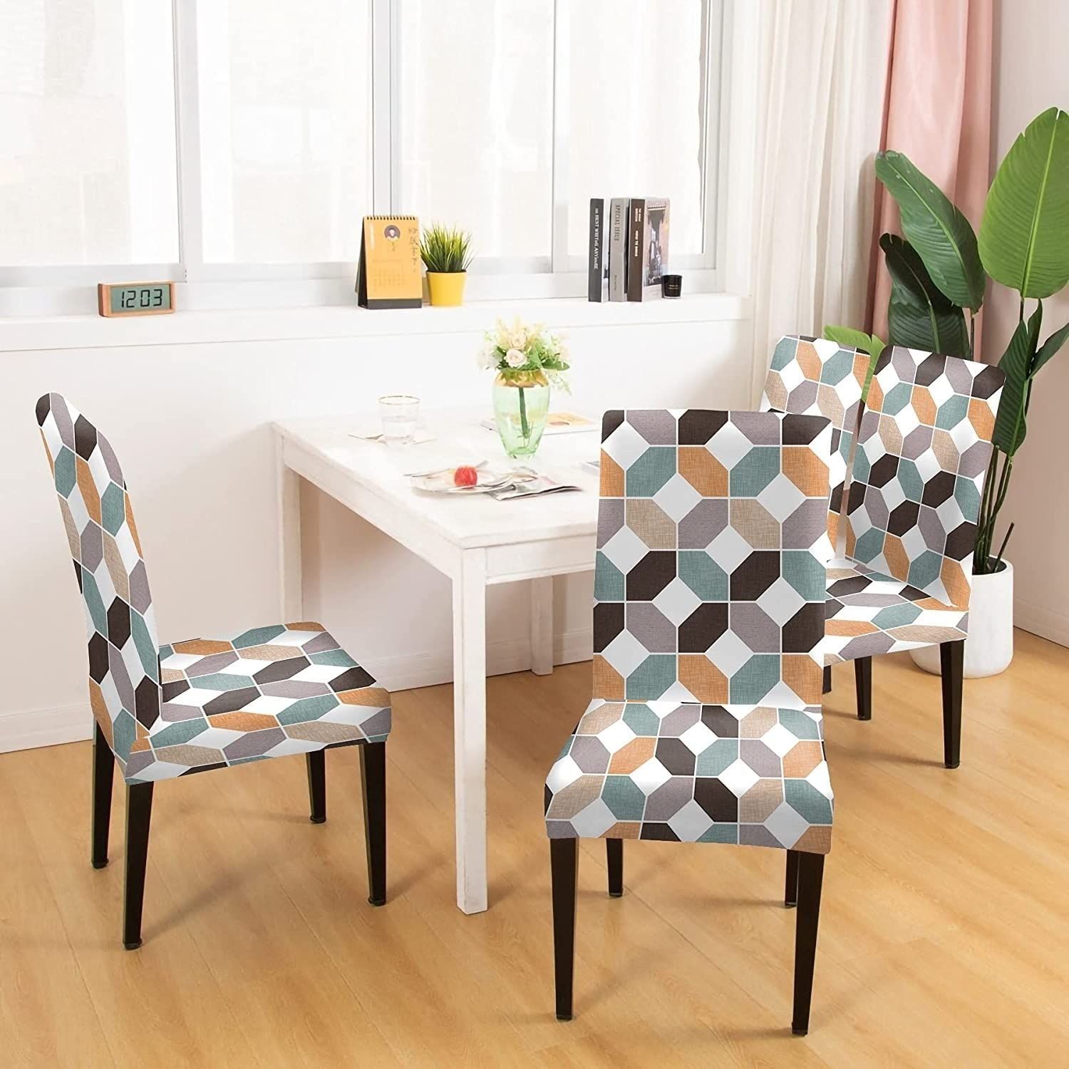 PENTHOOM Elastic Chair Cover Dining Stretchable | Removable Set of Washable and high 4 Elasticity Premium Fabric 2 Covers 6 Seat Slipcover Octagon Multi Colour