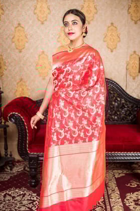 Festive Carrot Pink Banarsi Katan Saree with Zari Bel - Atulya Karigari