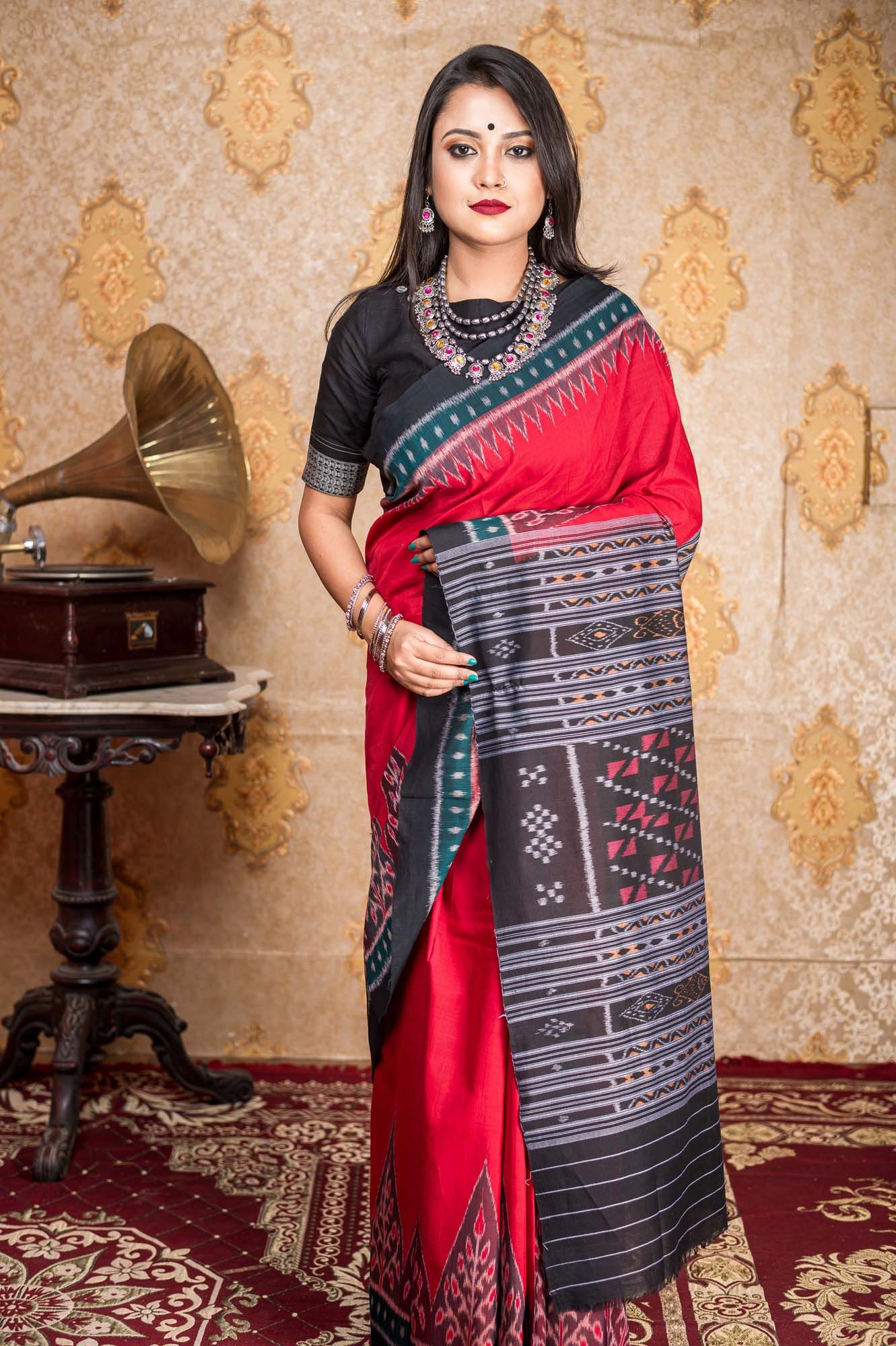 Traditional Handwoven Ikat Saree with Temple Border - Atulya Karigari