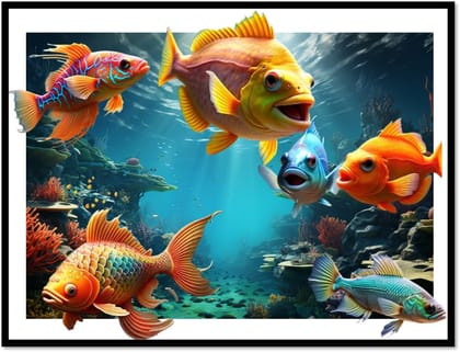 Beautiful Smiling Fish Green Painting | Fishes Photo Frame | Wall Painting for Living Room, Bed Room | Good Luck Fishes Painting for Home and Office | Unframed Fishes Painting | Size: A4