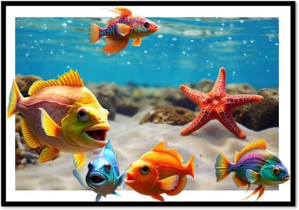 Beautiful Fish Green Painting Star | Fishes Photo Frame | Wall Painting for Living Room, Bed Room | Good Luck Fishes Painting for Home and Office | Unframed Fishes Painting | Size: A4