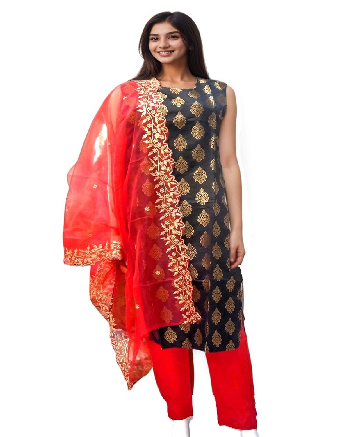 MyCOST Zari Weave Jacquard Festival wear Kurta Pant Dupatta Set, Sleeves attached