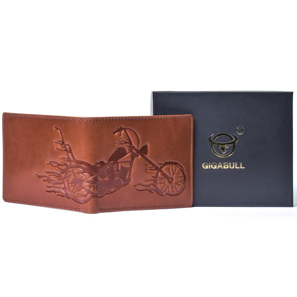 GIGABULL Retro Style Genuine Leather Biker Wallet for Men, Handmade Flame Engraved Biker Wallet with Gift Box