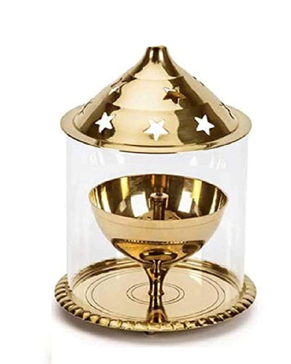 Brass Diya Oil Lamp with Clear Glass Cover- 6 Inch