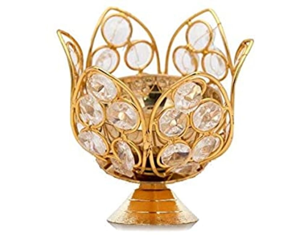 Affordable Home - - and - - Decor Gold Plated Brass with Crystal Lotus Flower Diya for Diwali De