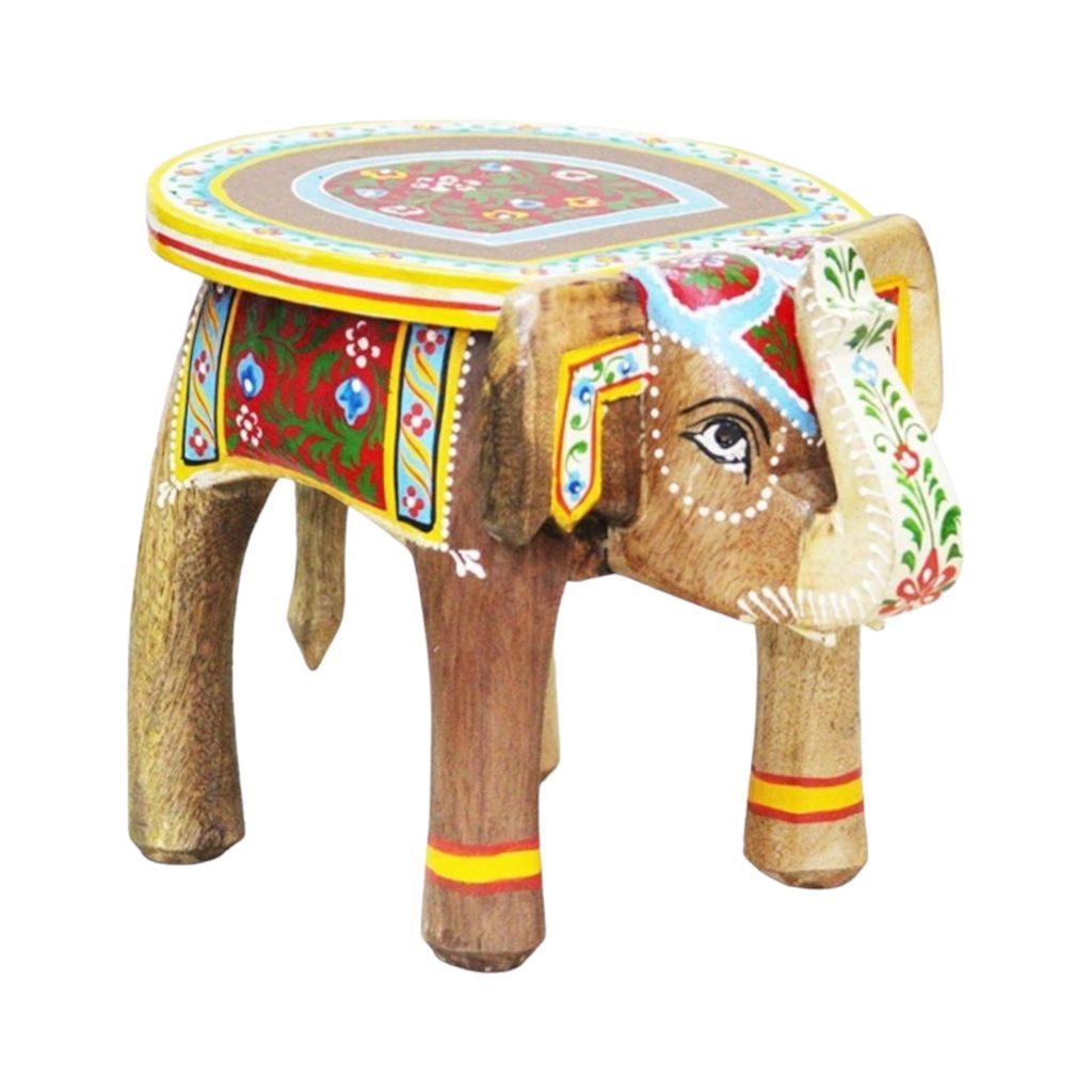  Hand-Painted Wooden Elephant Stool