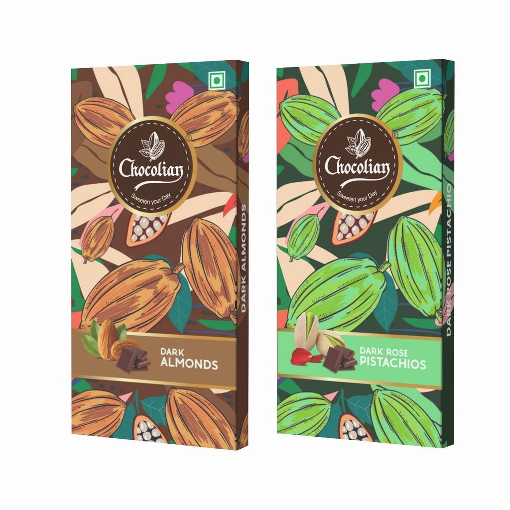 Chocolian Bakers Dark Chocolate with Almond & Dark Rose Pistachio | Dark Chocolate | 100% Veg | Eggless |
