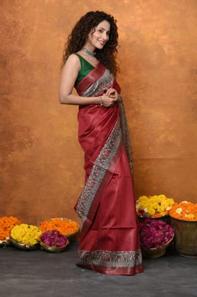 Designed By VMI~ Handloom Pure Tussar Silk Saree With Beautiful Madhubani Print