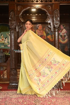 Authentic Handloom Pure Cotton Paithani With Handcrafted Asawali Pallu~ Summer Yellow