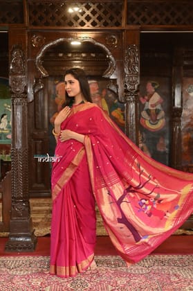 Authentic Handloom Pure Cotton Paithani With Traditional Radha Krishna Pallu~ Red Delight