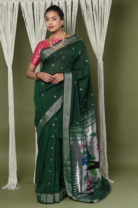 EXCLUSIVE! Silver Zari Handloom Pure Cotton Paithani With Parrot Pallu~ Forest Green