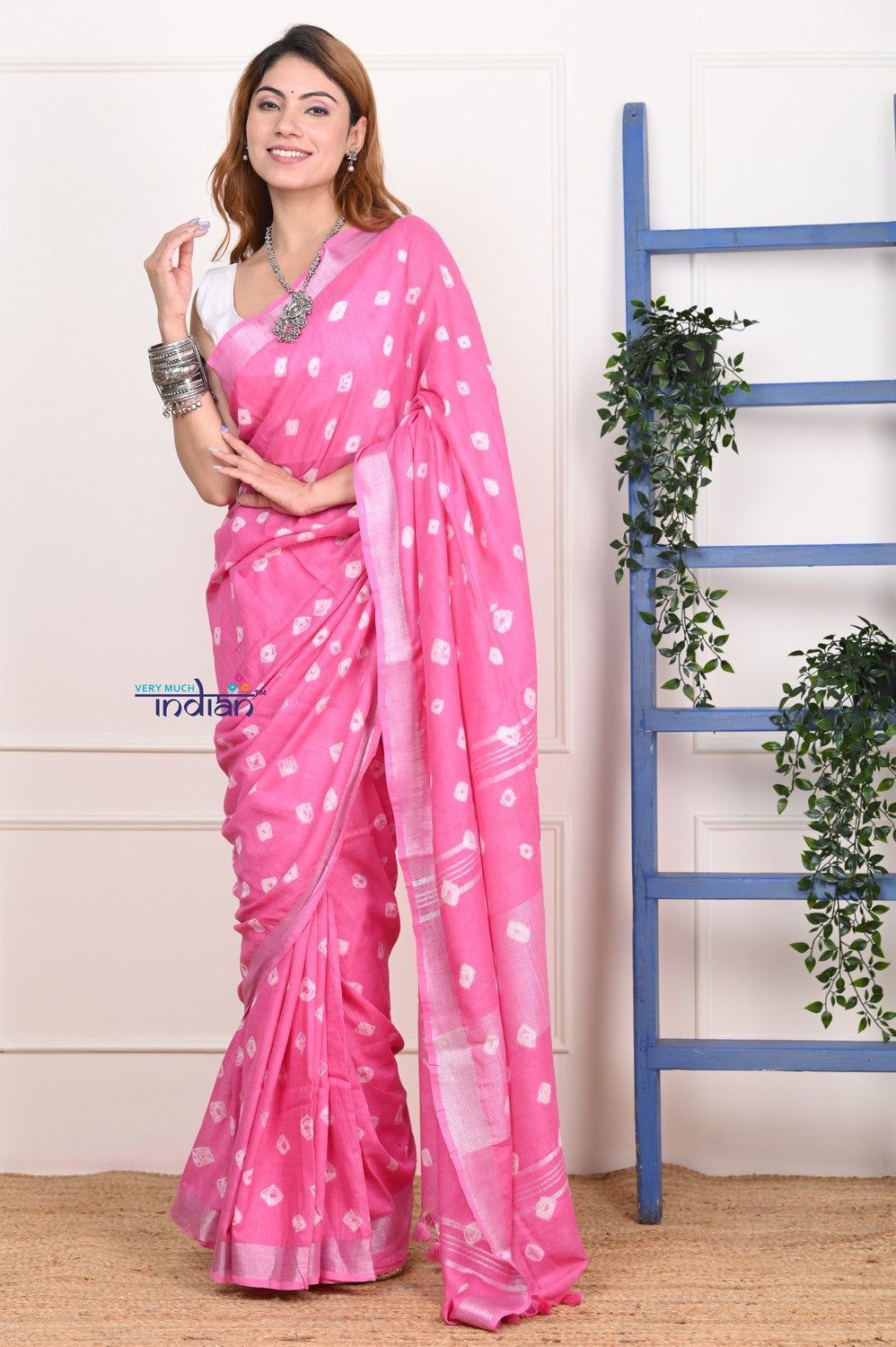 EXCLUSIVE! Handmade Tie and Dye Cotton Bindu Powder Pink Saree By Women Weavers