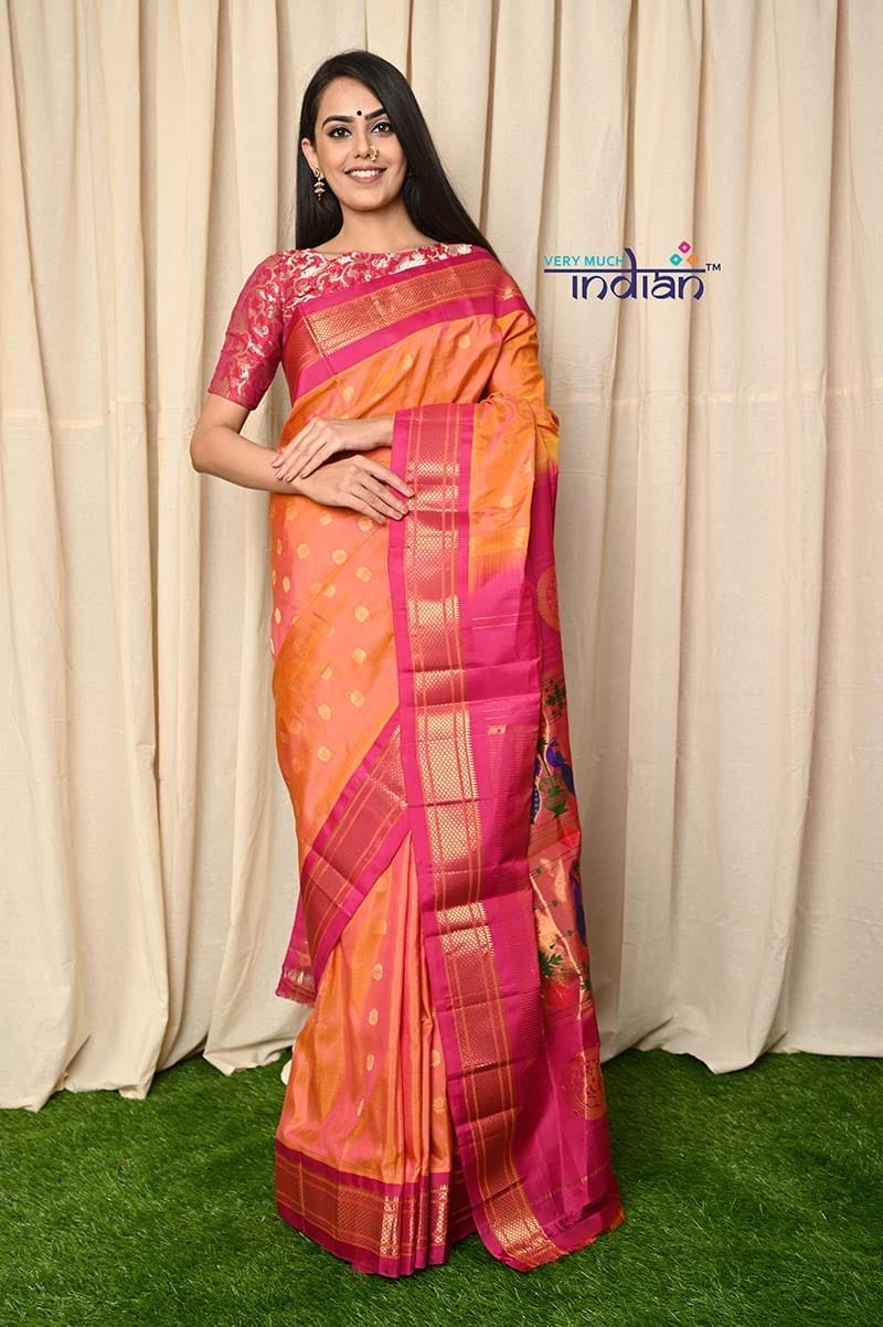 Traditional Handloom Maharani Paithani - Yellow Gold with Pink Border and Royal Pallu (Available in Peacock Buttis)