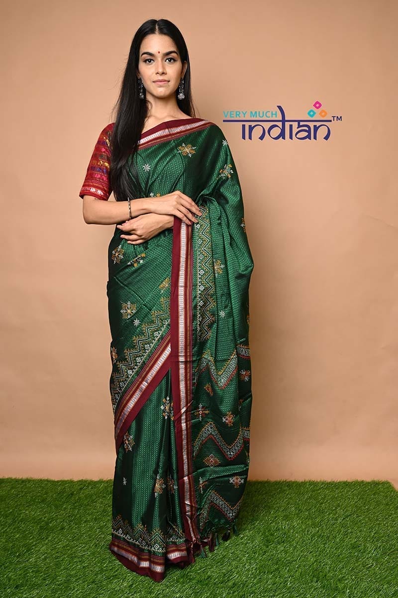 Exclusive Traditional Khun Saree - Cotton Resham Authentic Handwoven Saree, Bottle Green Weave with Kashida work - Red Border