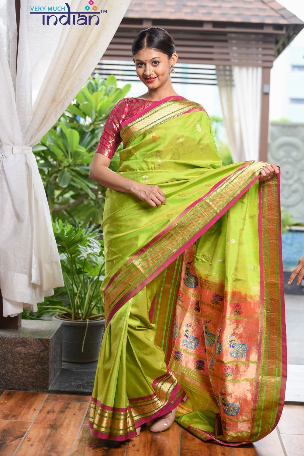 Pure Silk Yeola Handloom Light Green Paithani Weave with Golden Border and 30 Peacocks Pallu
