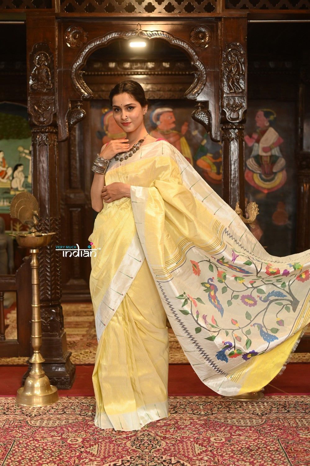 Exclusive Muniya Border - Authentic Handloom Pure Silk Muniya Border Paithani With Peacock Pallu ~Tuscany Yellow