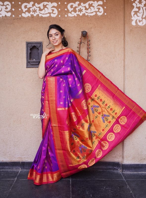 Rajsi~ Authentic Pure Silk Handloom Maharani Paithani – Purple Pink Traditional Combination with Floral Buttis, High Quality Silk