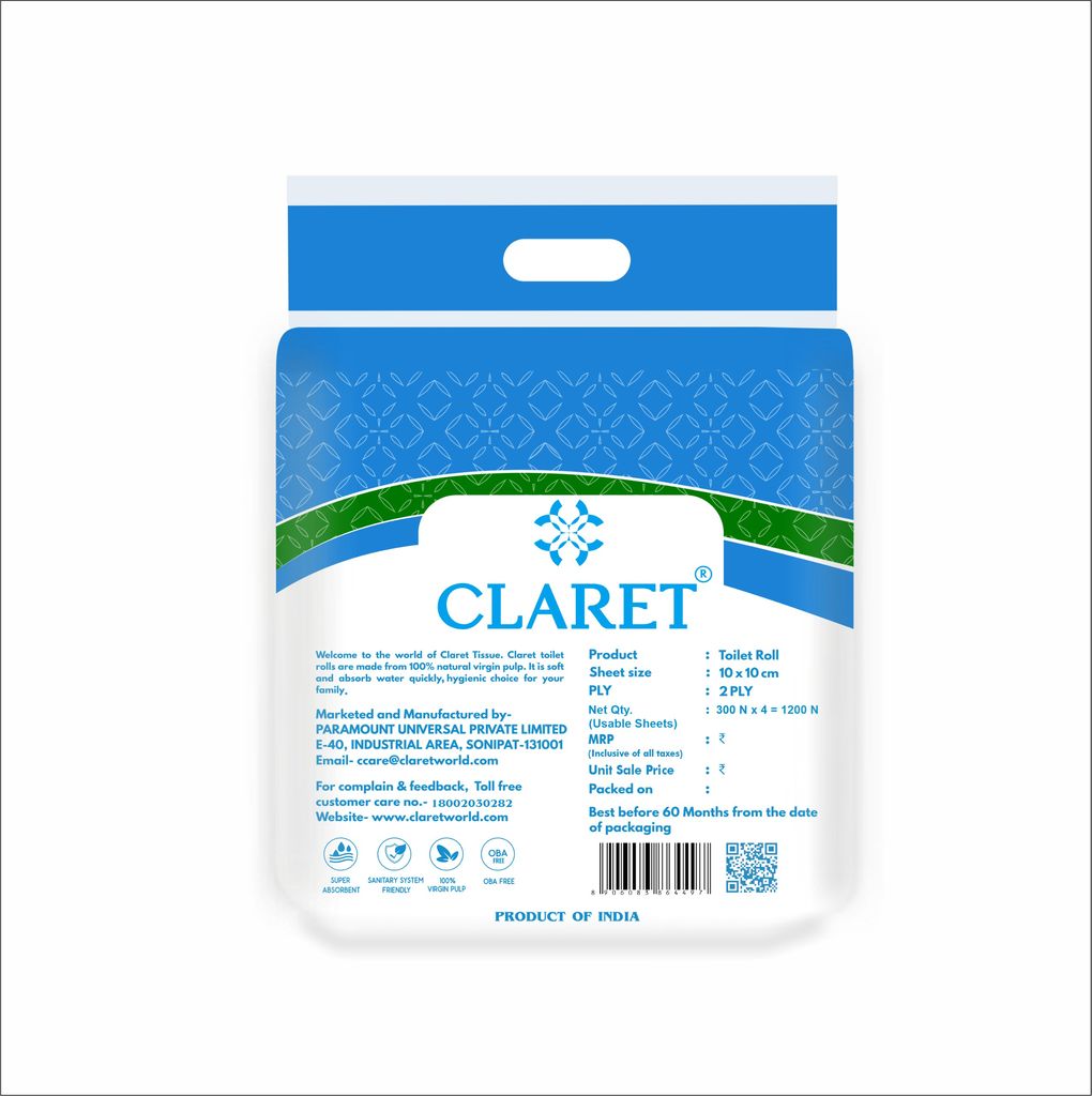 Claret Super Soft Toilet Paper – Hygienic & Super Soft, Toilet Paper, Hygienic, Eco-Friendly, Virgin Pulp, 100% Virgin Pulp (4 Rolls, 300 Pulls Each)