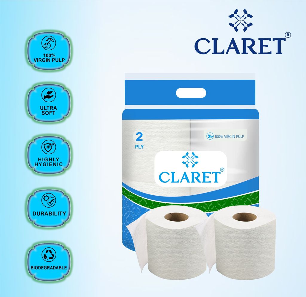 Claret Super Soft Toilet Paper – Hygienic & Super Soft, Toilet Paper, Hygienic, Eco-Friendly, Virgin Pulp, 100% Virgin Pulp (4 Rolls, 300 Pulls Each)