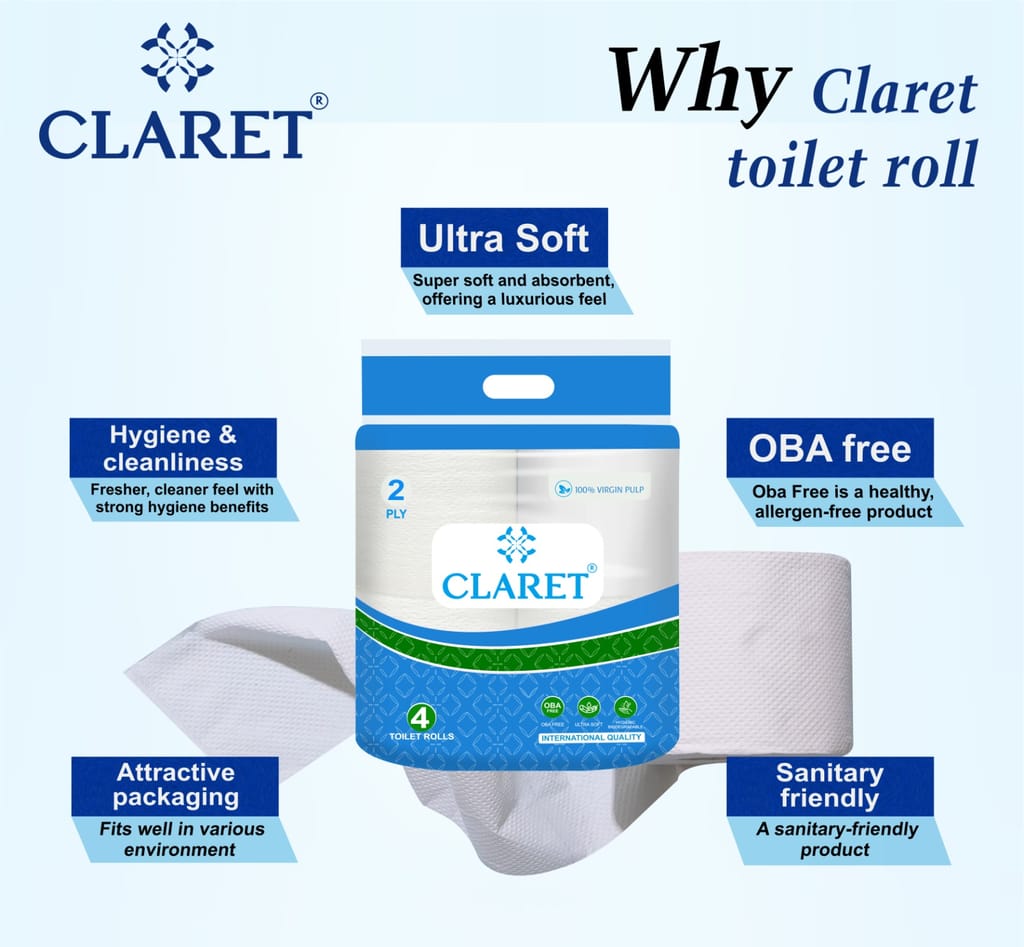 Claret Super Soft Toilet Paper – Hygienic & Super Soft, Toilet Paper, Hygienic, Eco-Friendly, Virgin Pulp, 100% Virgin Pulp (4 Rolls, 300 Pulls Each)