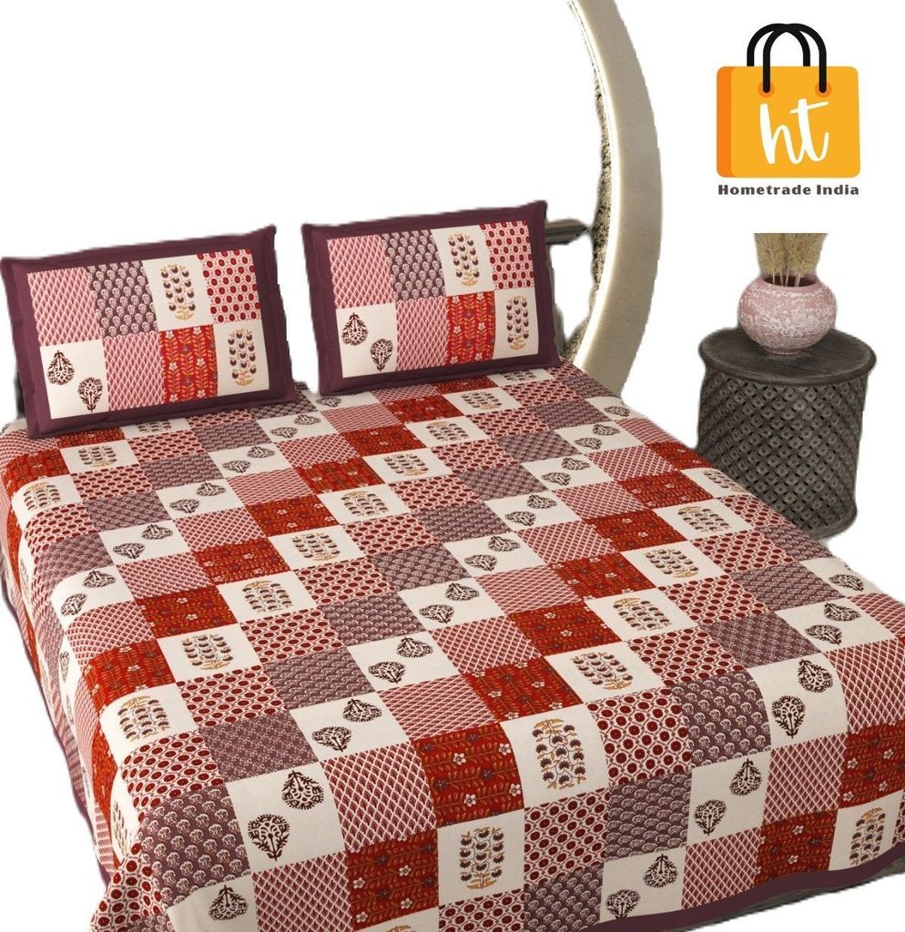 3001-Hometrade India-Standard King Size (90*108 Inches)-Pure Cotton Jaipuri Double Bedsheet With Matching Pillow Cover