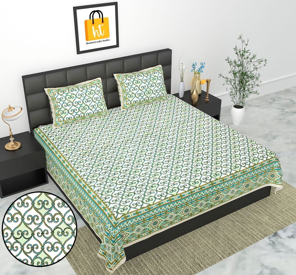 3001-Hometrade India-Standard King Size (90*108 Inches) Double Bedsheet With 2 Pillow Cover-RJ-14-Jaipur lining-3096