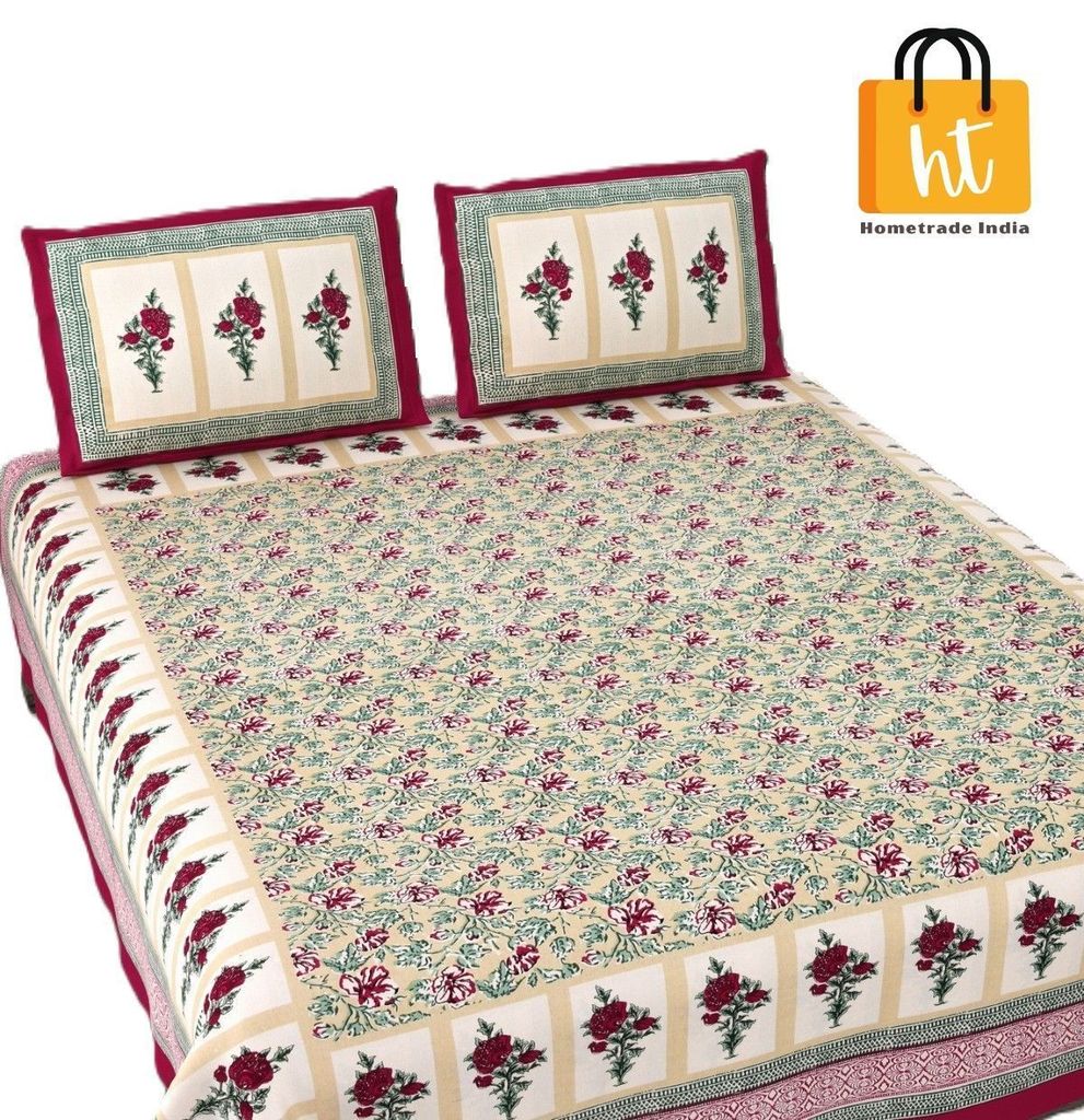 3001-Hometrade India-Standard King Size (90*108 Inches) Double Bedsheet With 2 Pillow Cover-RJ-14-Jaipur lining-3159