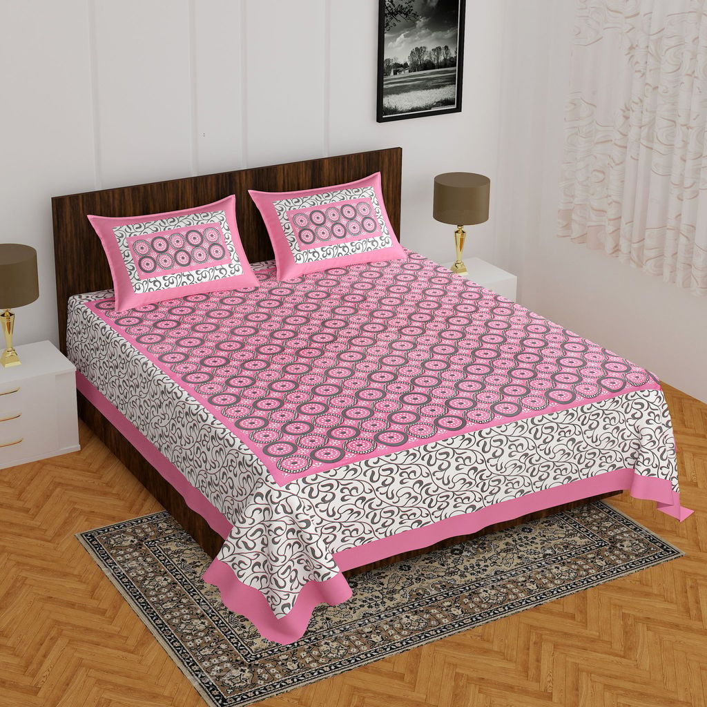 3001-Hometrade India-Standard King Size (90*108 Inches) Double Bedsheet With 2 Pillow Cover-RJ-14-Jaipur lining-3186