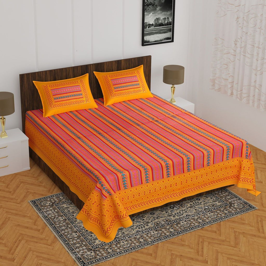 3001-Hometrade India-Standard King Size (90*108 Inches) Double Bedsheet With 2 Pillow Cover-RJ-14-Jaipur lining-3244