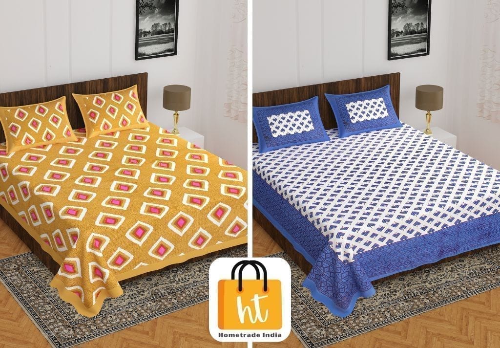 3001-Hometrade India-Standard King Size (90*108 Inches) Double Bedsheet With 2 Pillow Cover-RJ-14-Jaipur lining-3408