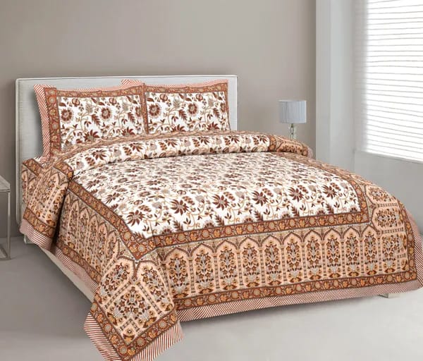 3001-Hometrade India-Standard King Size (90*108 Inches)-Pure Cotton Jaipuri Double Bedsheet With Matching Pillow Cover