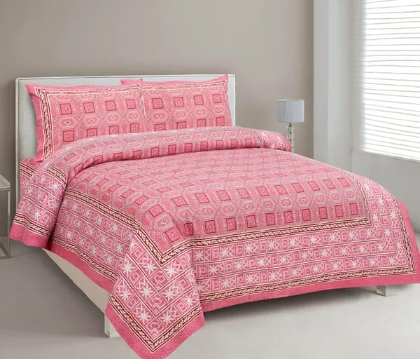3001-Hometrade India-Standard King Size (90*108 Inches)-Pure Cotton Jaipuri Double Bedsheet With Matching Pillow Cover