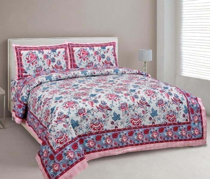 3001-Hometrade India-Standard King Size (90*108 Inches)-Pure Cotton Jaipuri Double Bedsheet With Matching Pillow Cover