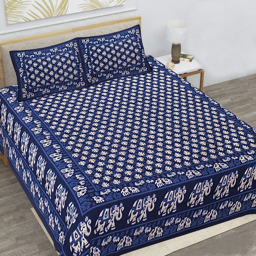 3001-Hometrade India-Standard King Size (90*108 Inches)-Pure Cotton Jaipuri Double Bedsheet With Matching Pillow Cover