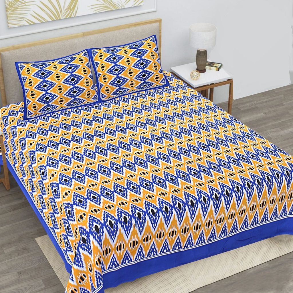 3001-Hometrade India-Standard King Size (90*108 Inches)-Pure Cotton Jaipuri Double Bedsheet With Matching Pillow Cover