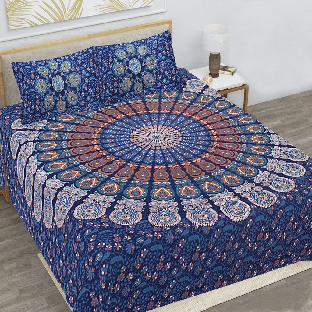 3001-Hometrade India-Standard King Size (90*108 Inches)-Pure Cotton Jaipuri Double Bedsheet With Matching Pillow Cover